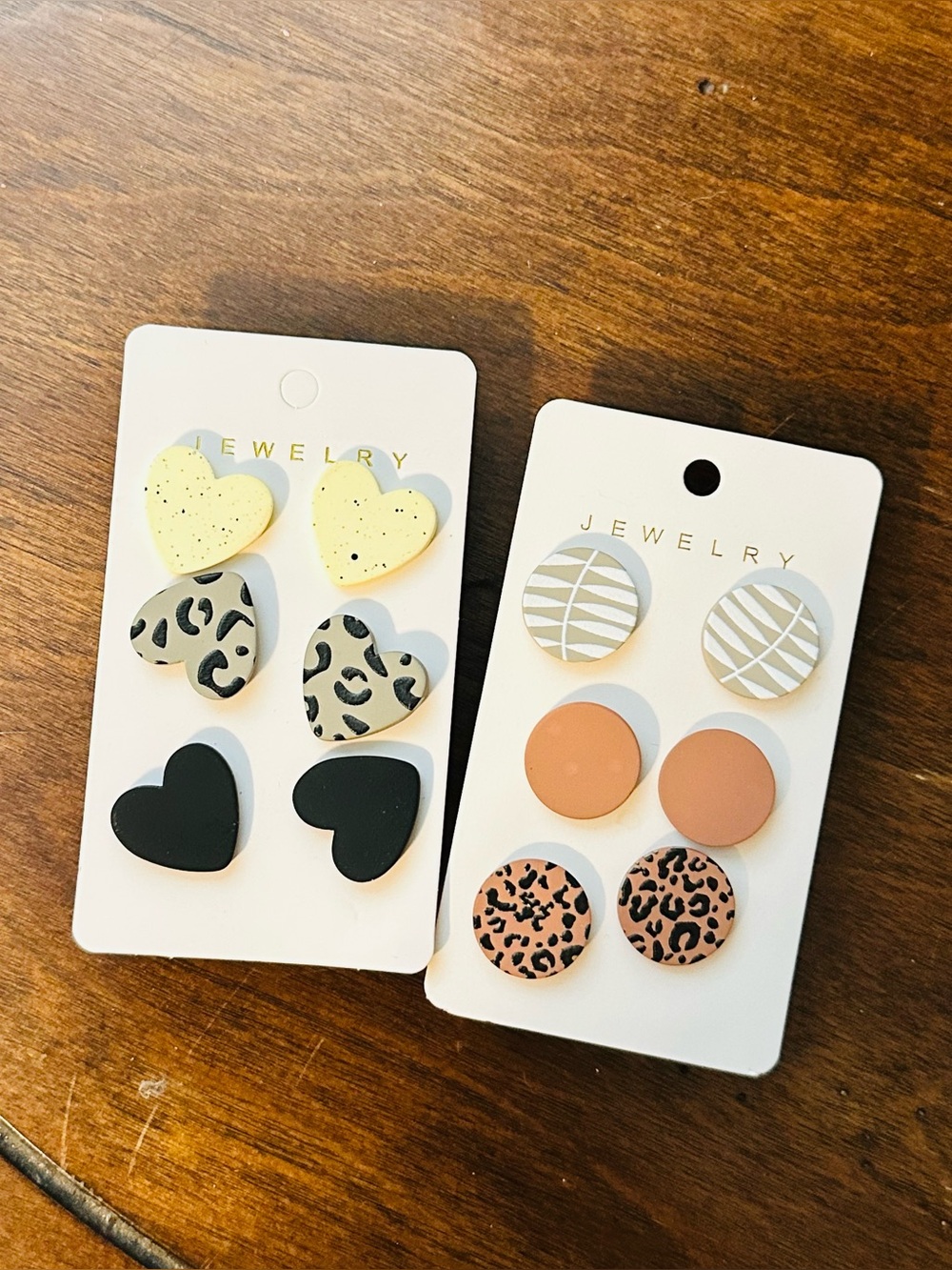 Neutral and Black Heart + Round Stud Earring Set - 6 Pairs